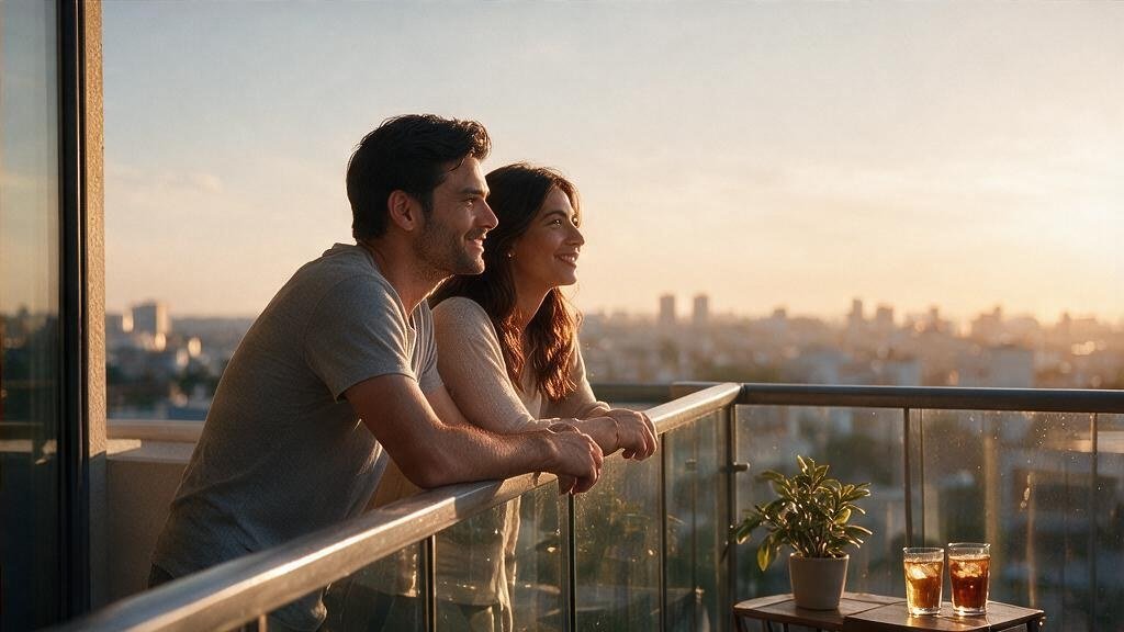 A couple enjoying the evening from their balcony