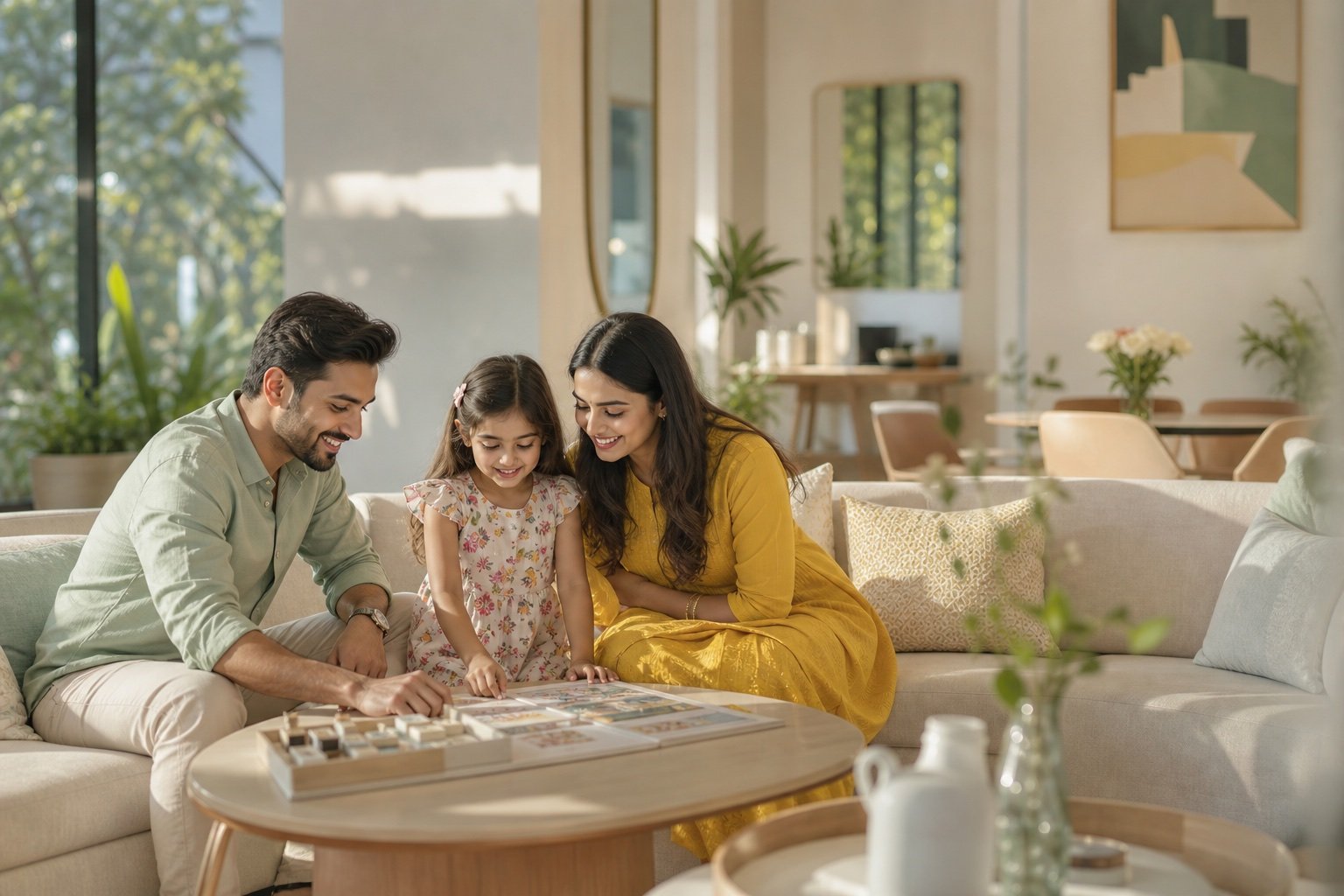 A family enjoying a relaxed afternoon in a bright clubhouse lounge