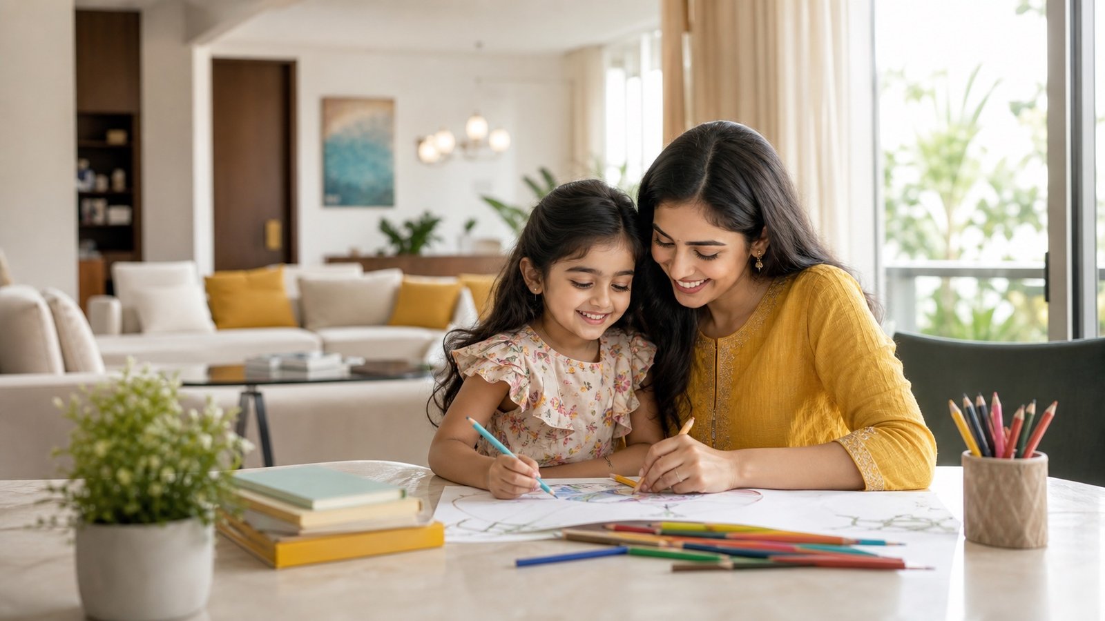 Mother and daughter sharing a creative moment in a bright family home