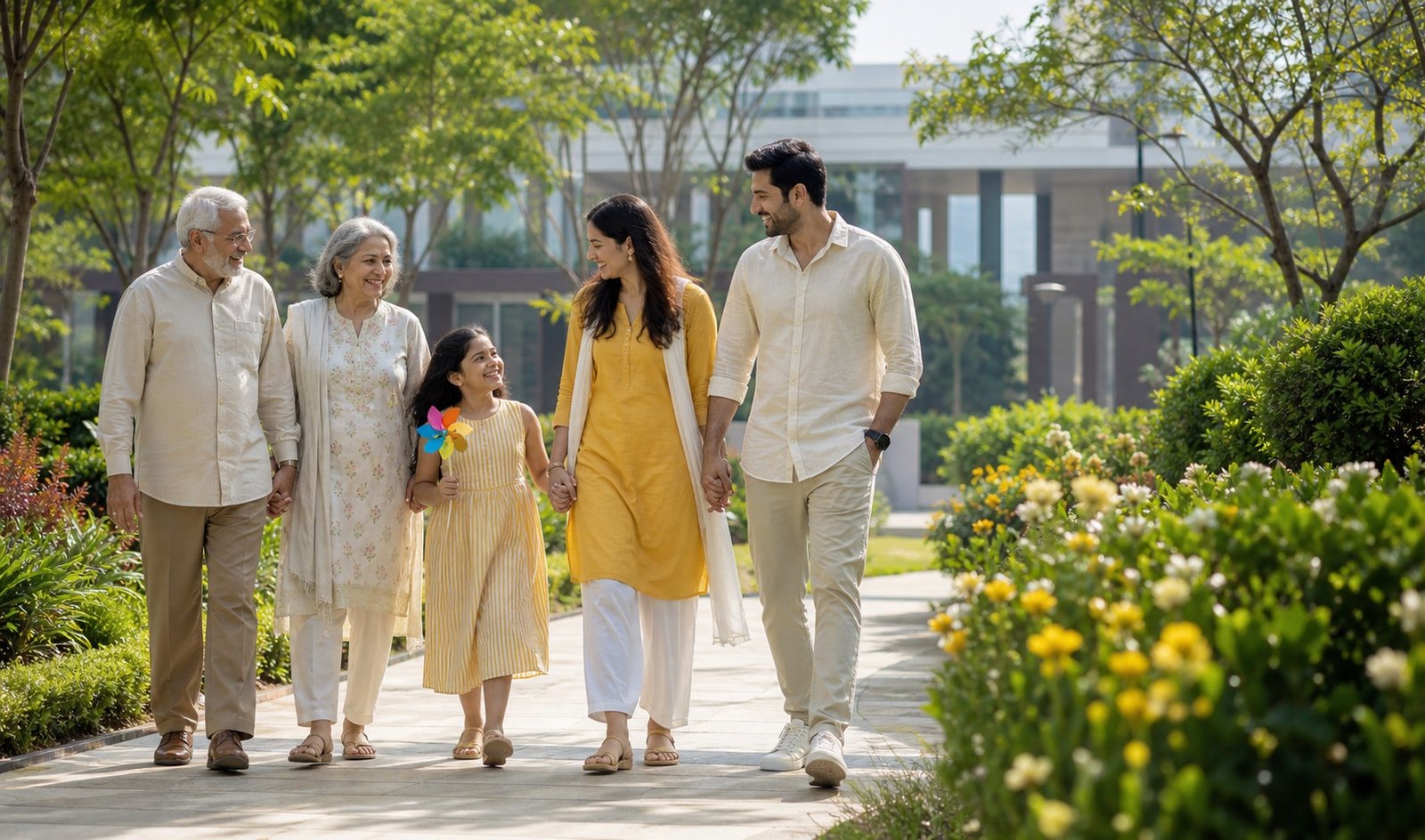 A multigenerational family enjoying landscaped community gardens