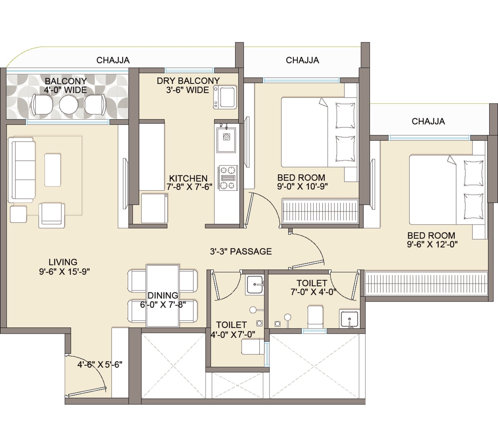 2 BHK Smart floor plan